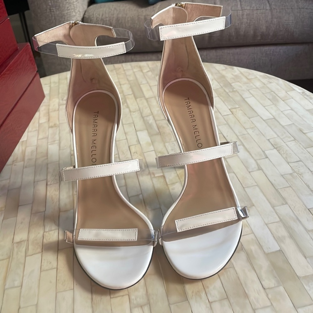 Tamara Mellon ‘Frontline’ in white patent leather. Size 8. Worn only once.